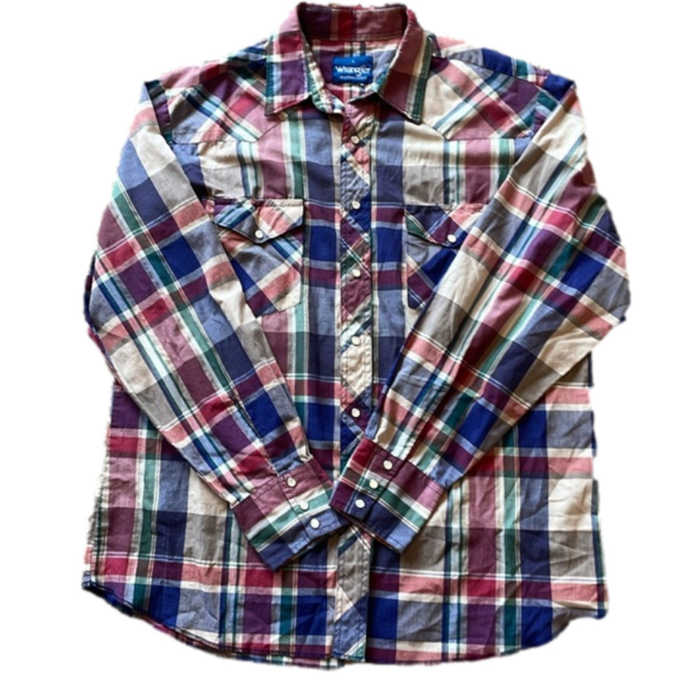 Wrangler Mens Vintage Large Red, Blue and Tan Plaid Western Shirt